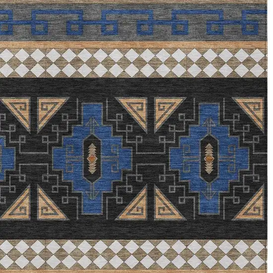 Navy Blue And Salmon Tribal Washable Indoor Outdoor Area Rug Photo 3