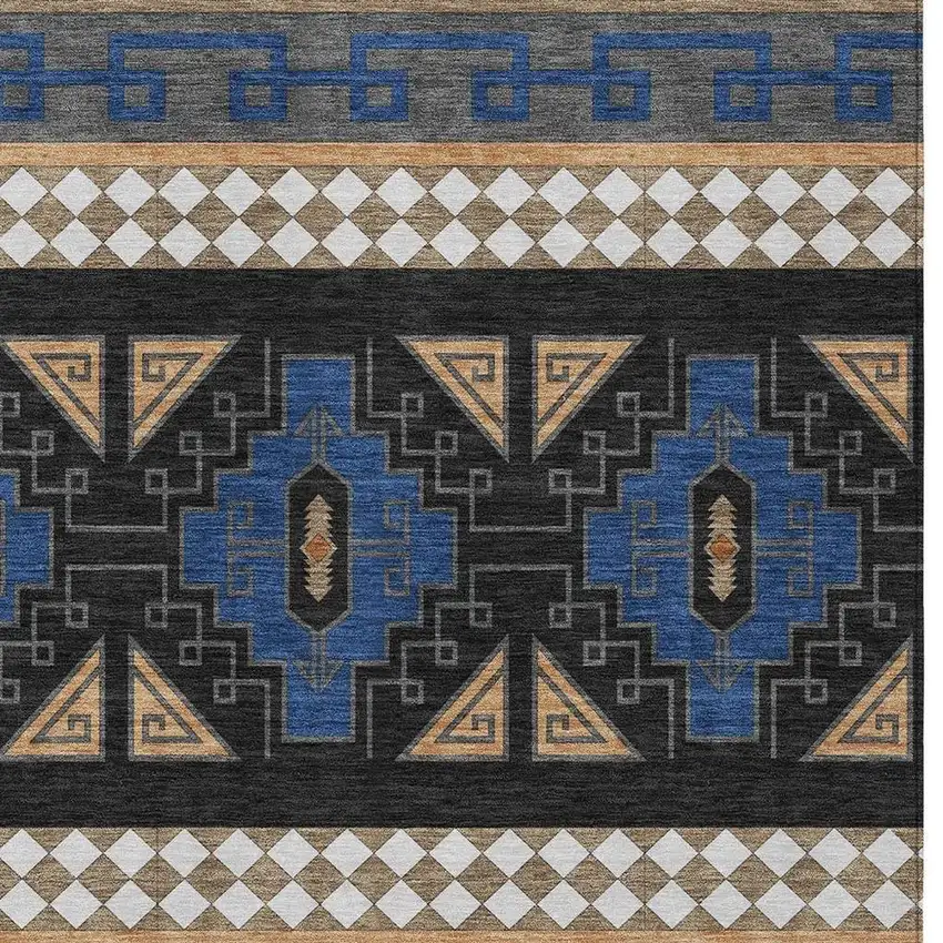 Navy Blue And Salmon Tribal Washable Indoor Outdoor Area Rug Photo 3