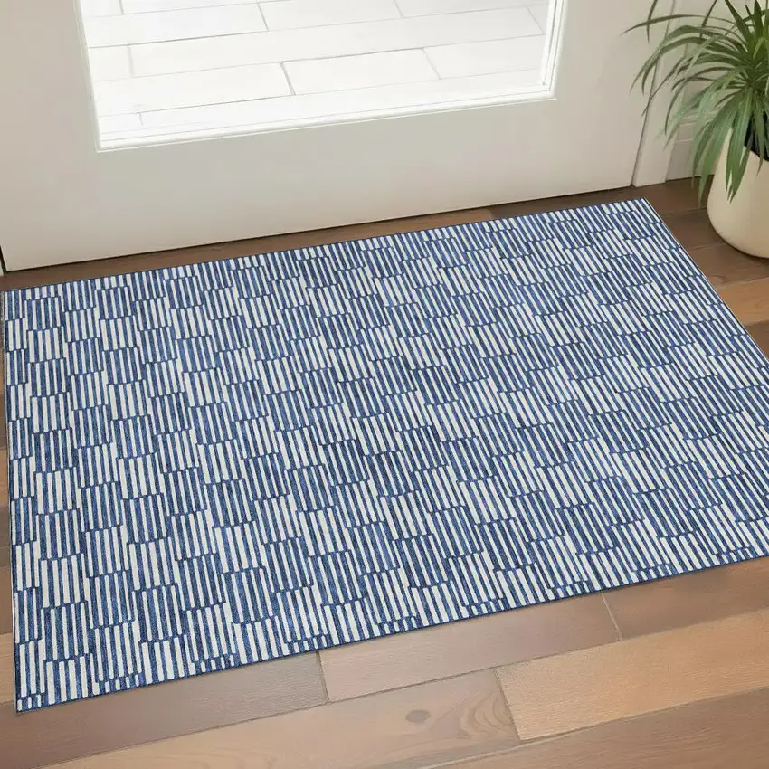 Navy Blue And Silver Abstract Geometric Washable Area Rug With UV Protection Photo 1