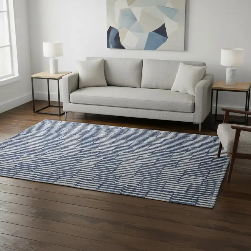 Navy Blue And Silver Abstract Geometric Washable Area Rug With UV Protection Photo 2