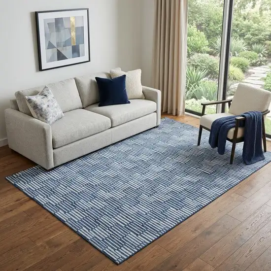 Navy Blue And Silver Abstract Geometric Washable Area Rug With UV Protection Photo 1