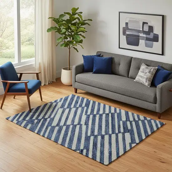 Navy Blue And Silver Abstract Geometric Washable Area Rug With UV Protection Photo 1