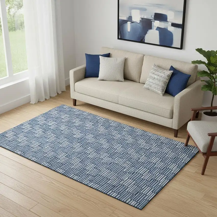 Navy Blue And Silver Abstract Geometric Washable Area Rug With UV Protection Photo 1