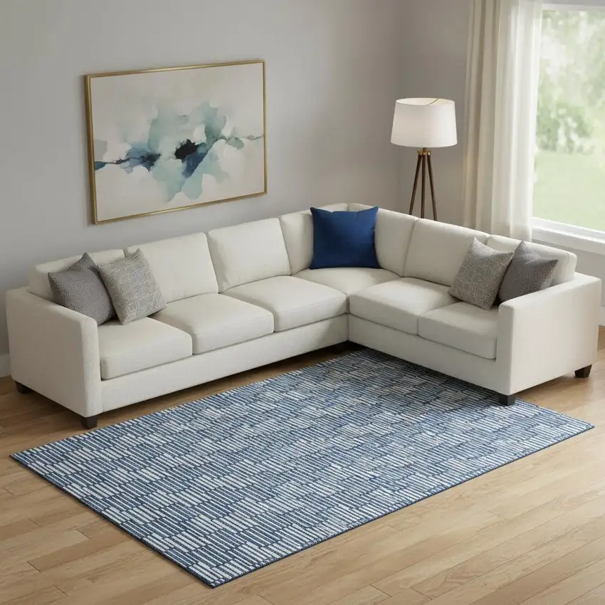 Navy Blue And Silver Abstract Geometric Washable Area Rug With UV Protection Photo 1