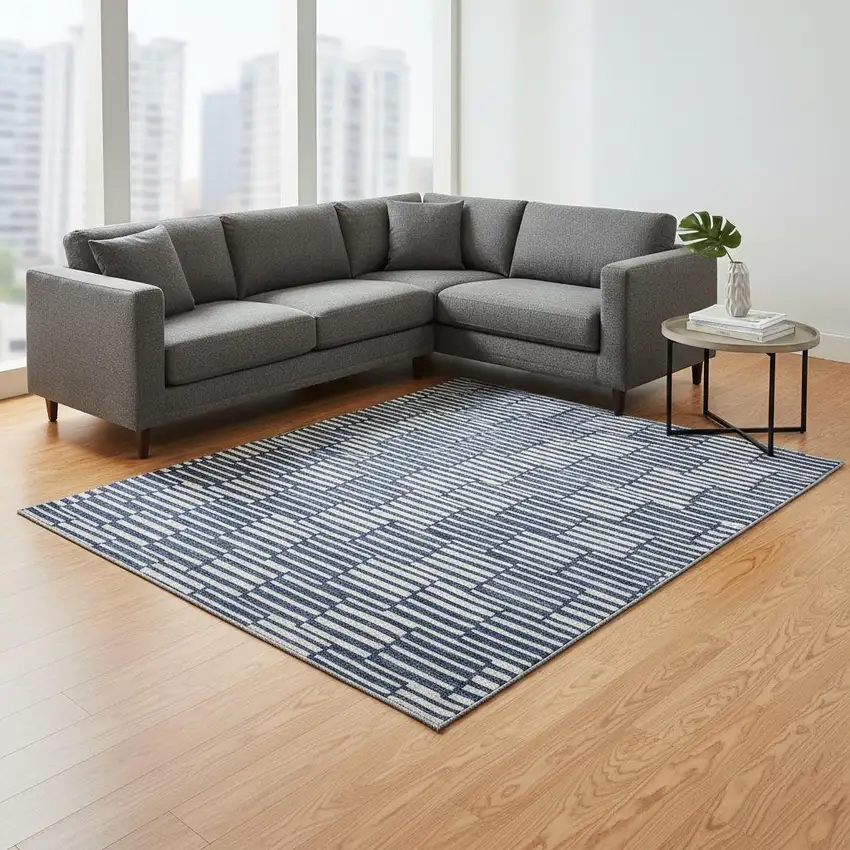 Navy Blue And Silver Abstract Geometric Washable Area Rug With UV Protection Photo 2