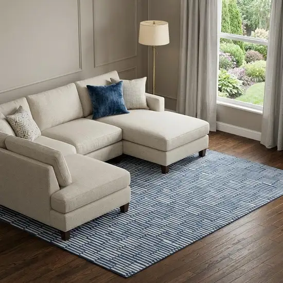 Navy Blue And Silver Abstract Geometric Washable Area Rug With UV Protection Photo 1