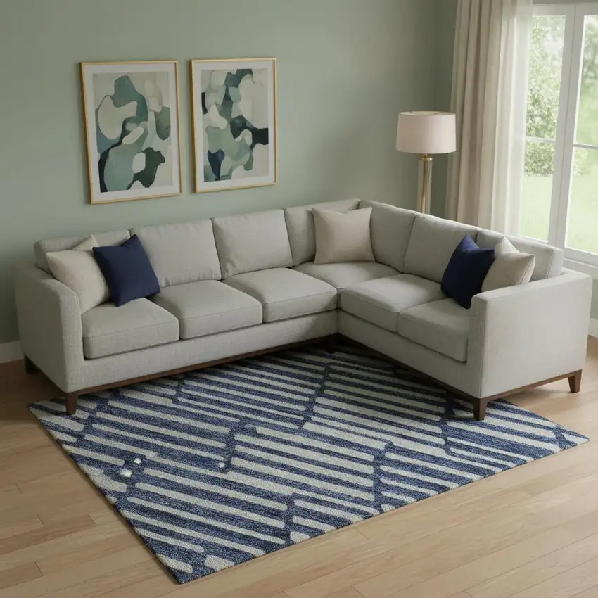 Navy Blue And Silver Abstract Geometric Washable Area Rug With UV Protection Photo 1