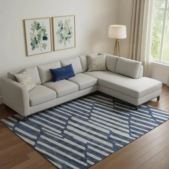 Navy Blue And Silver Abstract Geometric Washable Area Rug With UV Protection Photo 1