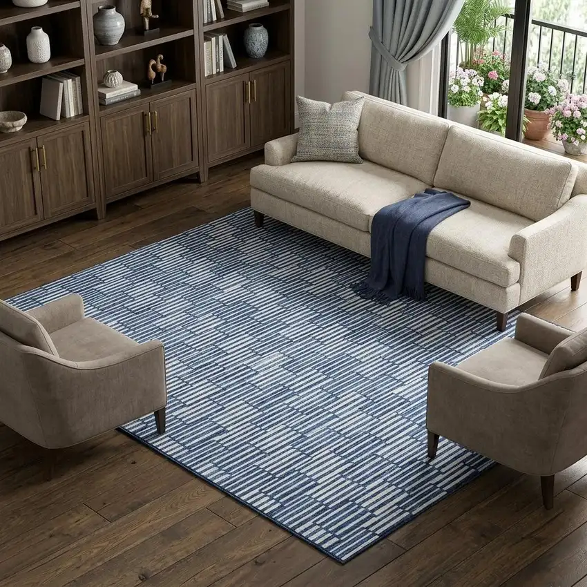 Navy Blue And Silver Abstract Geometric Washable Area Rug With UV Protection Photo 1
