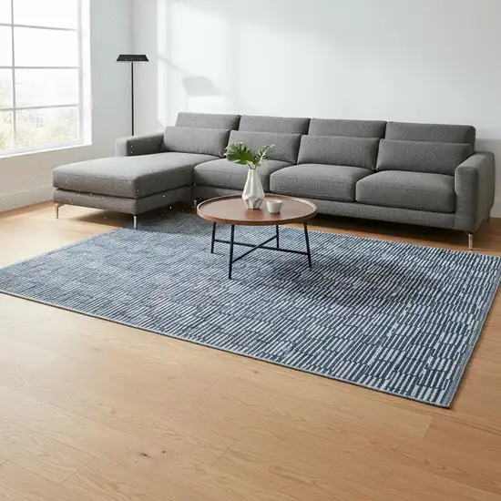 Navy Blue And Silver Abstract Geometric Washable Area Rug With UV Protection Photo 2