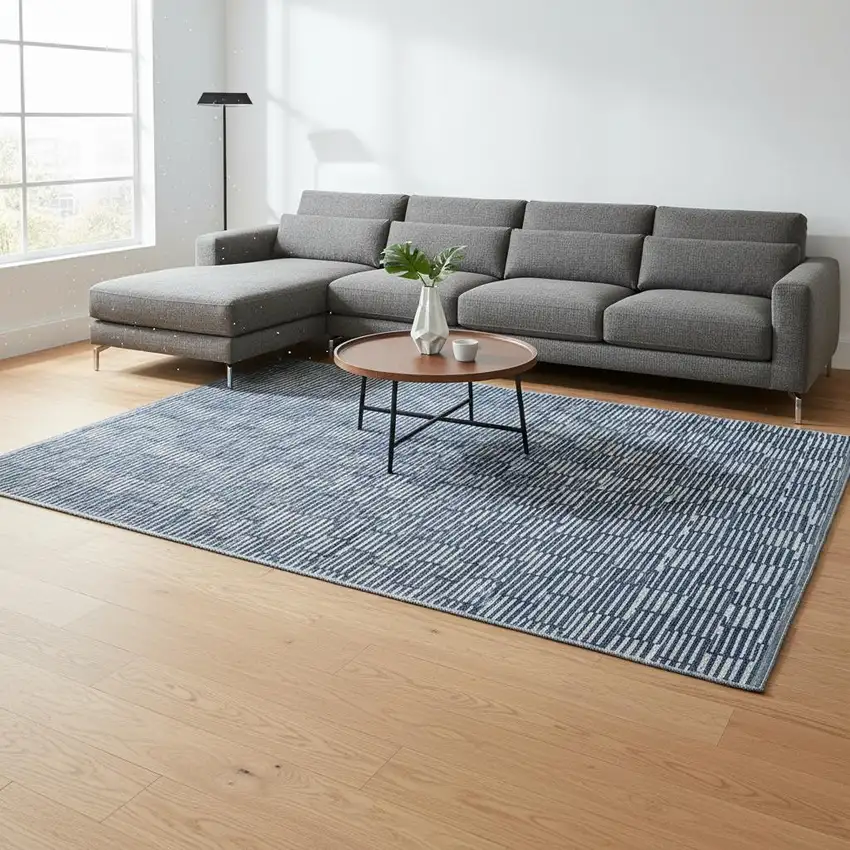 Navy Blue And Silver Abstract Geometric Washable Area Rug With UV Protection Photo 2