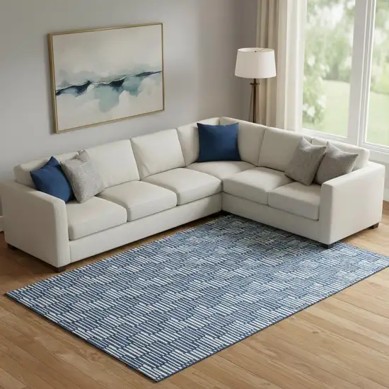 Navy Blue And Silver Abstract Geometric Washable Area Rug With UV Protection Photo 1