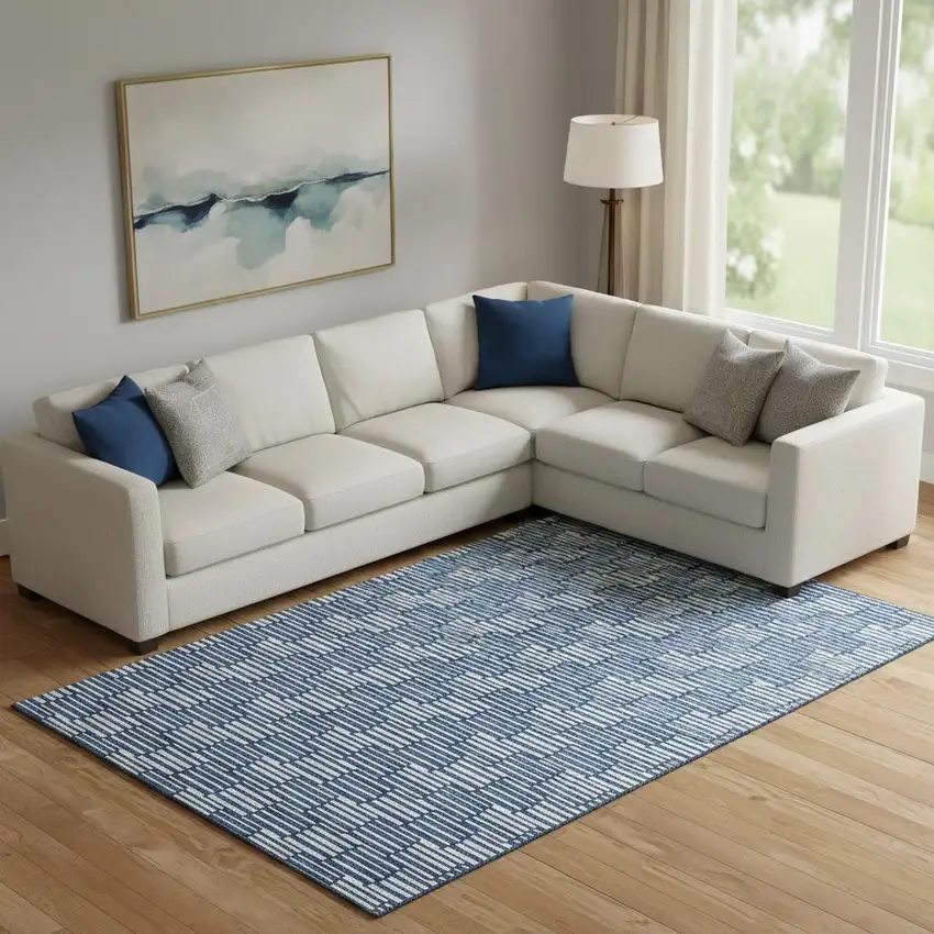 Navy Blue And Silver Abstract Geometric Washable Area Rug With UV Protection Photo 1