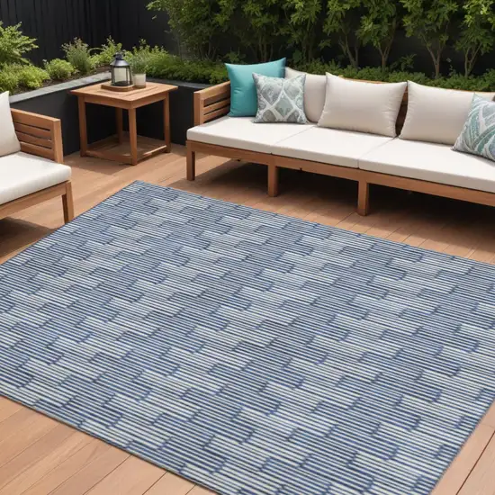 Navy Blue And Silver Abstract Geometric Washable Area Rug With UV Protection Photo 1