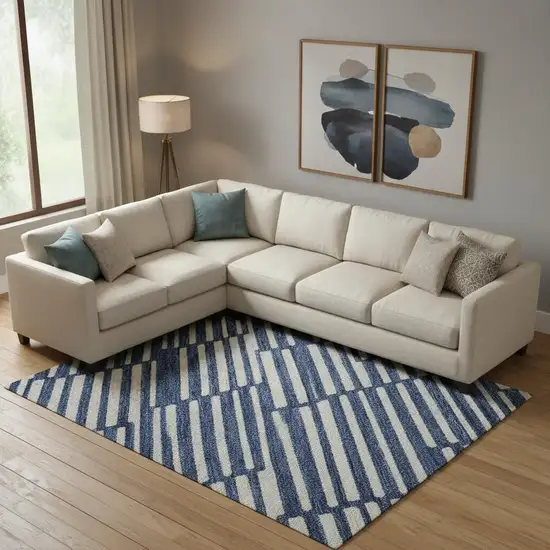 Navy Blue And Silver Abstract Geometric Washable Area Rug With UV Protection Photo 1