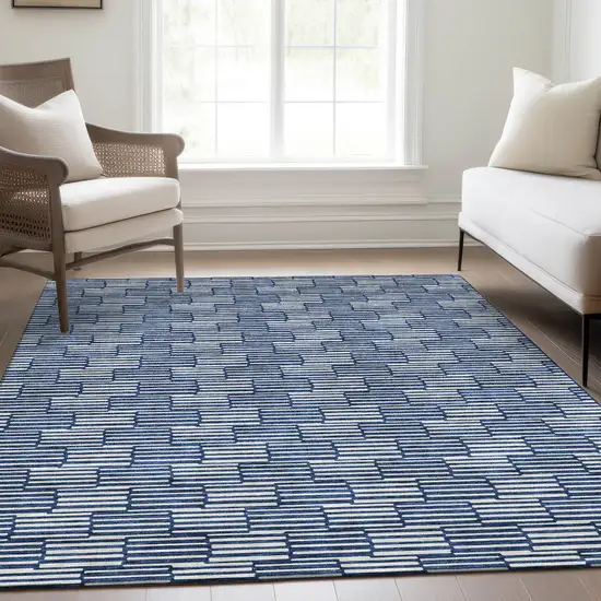 Navy Blue And Silver Abstract Geometric Washable Area Rug With UV Protection Photo 6