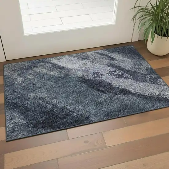 Navy Blue And Silver Abstract Washable Area Rug With UV Protection Photo 2