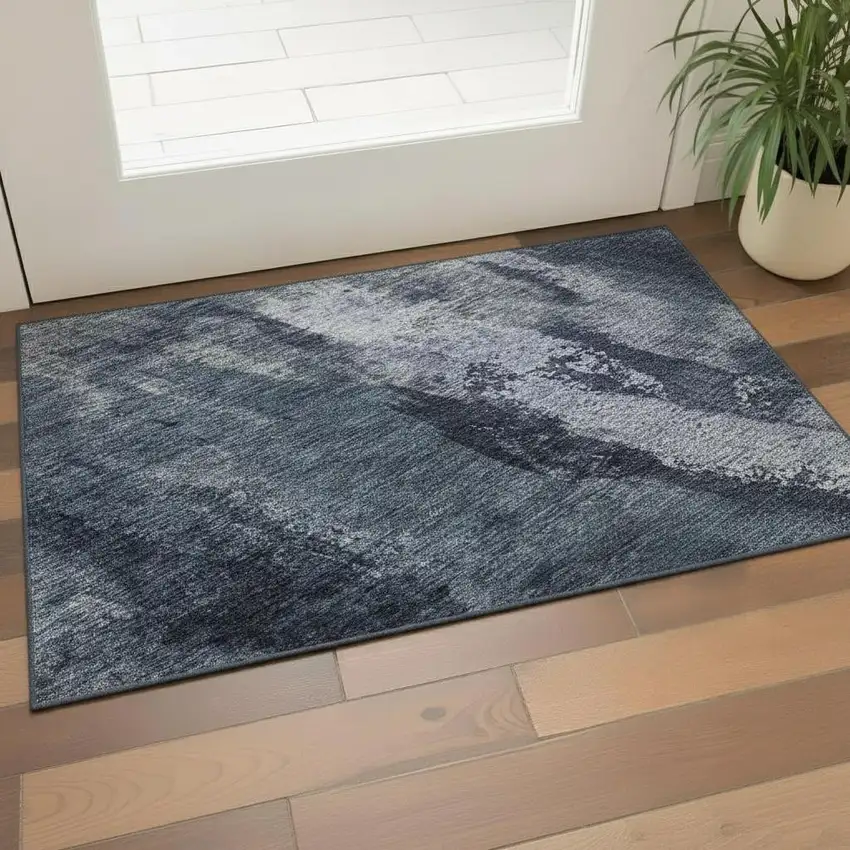 Navy Blue And Silver Abstract Washable Area Rug With UV Protection Photo 2