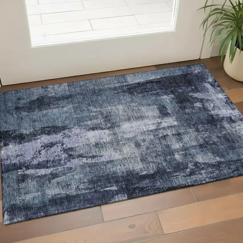 Navy Blue And Silver Abstract Washable Area Rug With UV Protection Photo 1