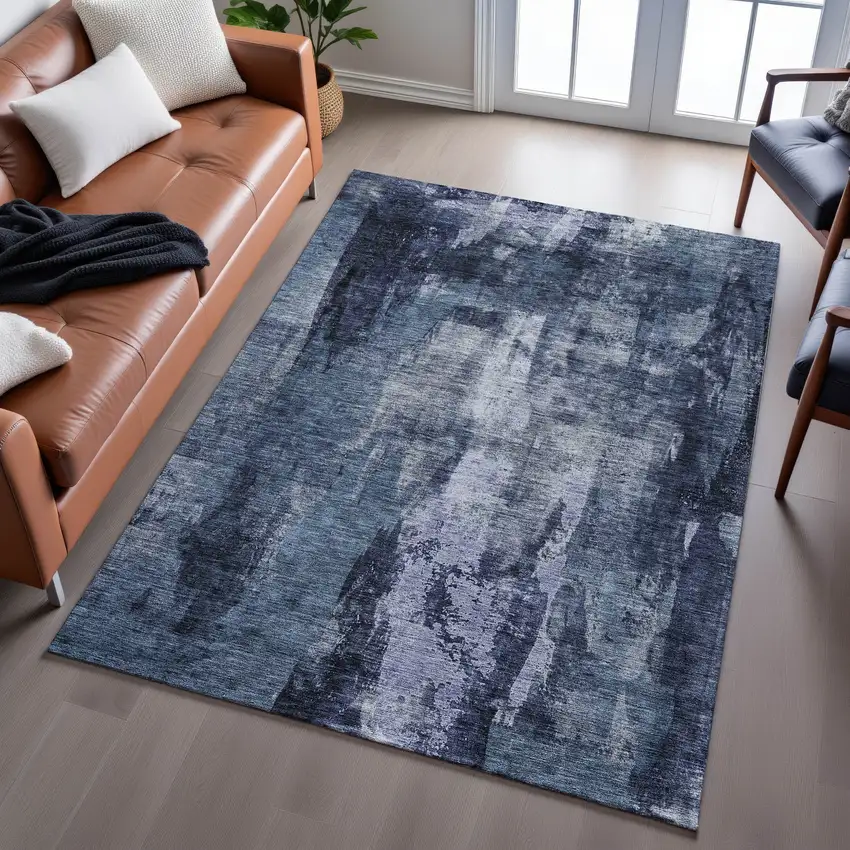 Navy Blue And Silver Abstract Washable Area Rug With UV Protection Photo 5