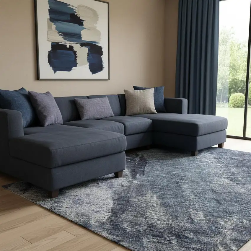 Navy Blue And Silver Abstract Washable Area Rug With UV Protection Photo 2