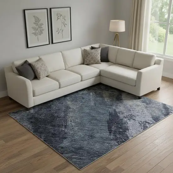 Navy Blue And Silver Abstract Washable Area Rug With UV Protection Photo 2