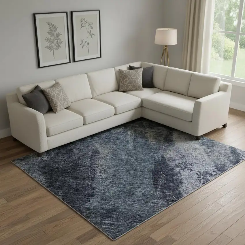 Navy Blue And Silver Abstract Washable Area Rug With UV Protection Photo 2