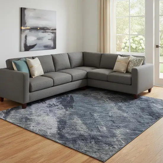 Navy Blue And Silver Abstract Washable Area Rug With UV Protection Photo 2