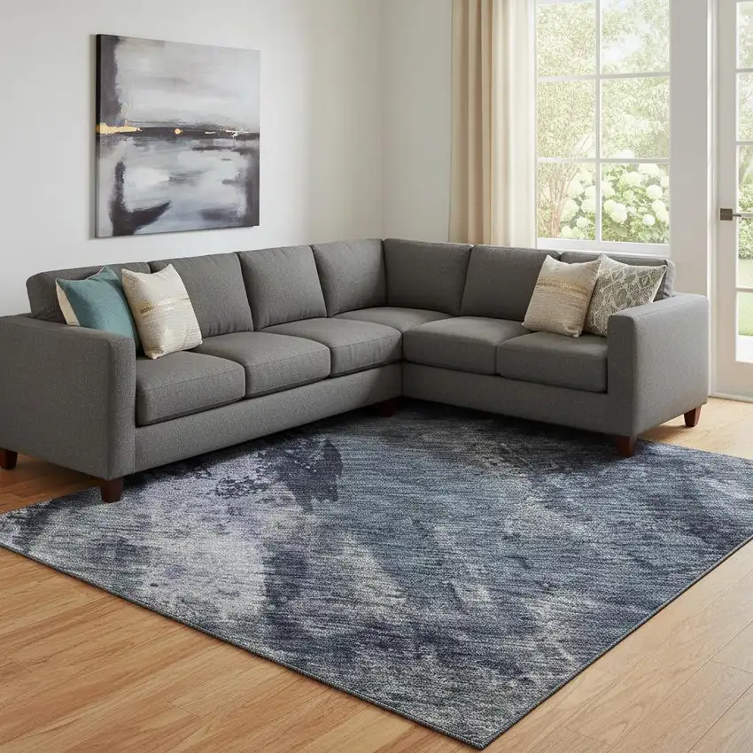 Navy Blue And Silver Abstract Washable Area Rug With UV Protection Photo 2