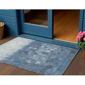 Photo of Navy Blue And Silver Abstract Washable Indoor Outdoor Area Rug