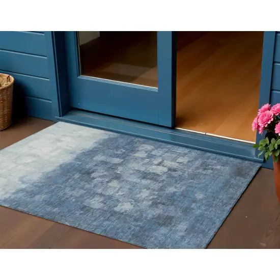 Navy Blue And Silver Abstract Washable Indoor Outdoor Area Rug Photo 1