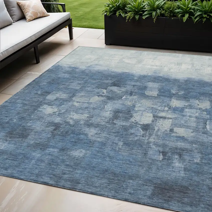 Navy Blue And Silver Abstract Washable Indoor Outdoor Area Rug Photo 1