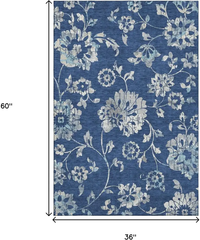 Navy Blue And Silver Floral Washable Area Rug With UV Protection Photo 4