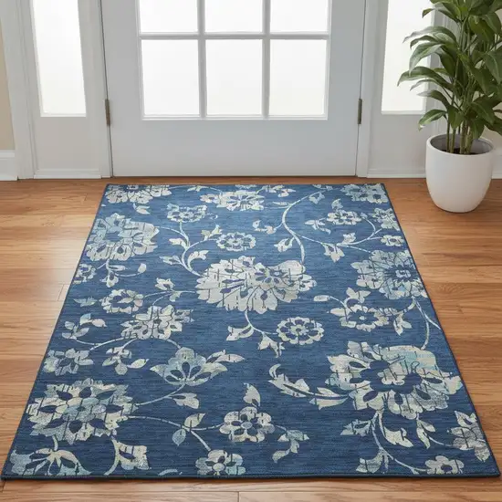 Navy Blue And Silver Floral Washable Area Rug With UV Protection Photo 3