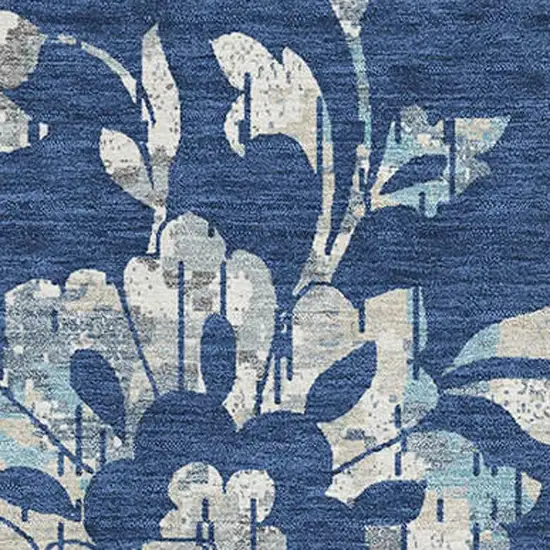 Navy Blue And Silver Floral Washable Area Rug With UV Protection Photo 3