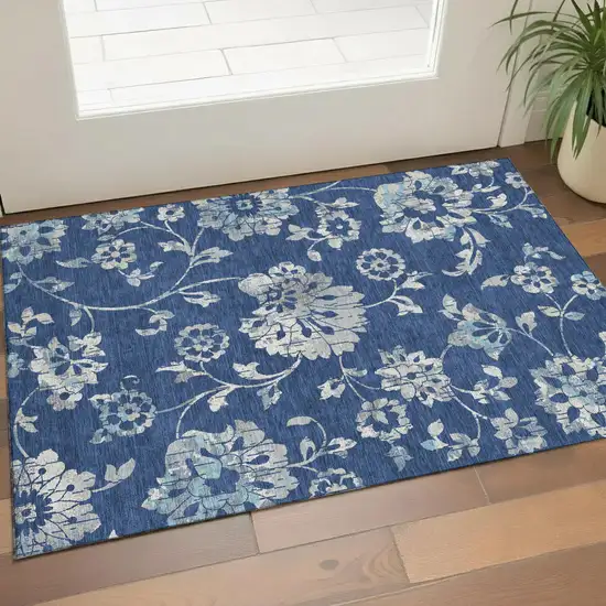 Navy Blue And Silver Floral Washable Area Rug With UV Protection Photo 1