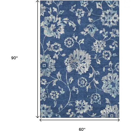 Navy Blue And Silver Floral Washable Area Rug With UV Protection Photo 8
