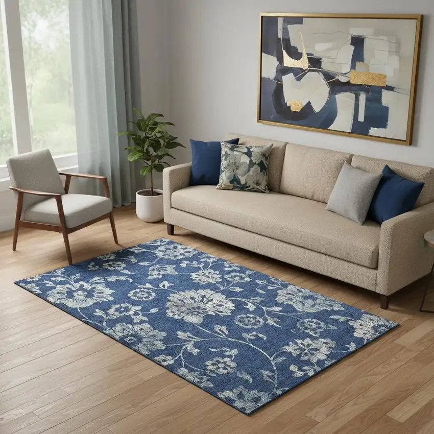 Navy Blue And Silver Floral Washable Area Rug With UV Protection Photo 1