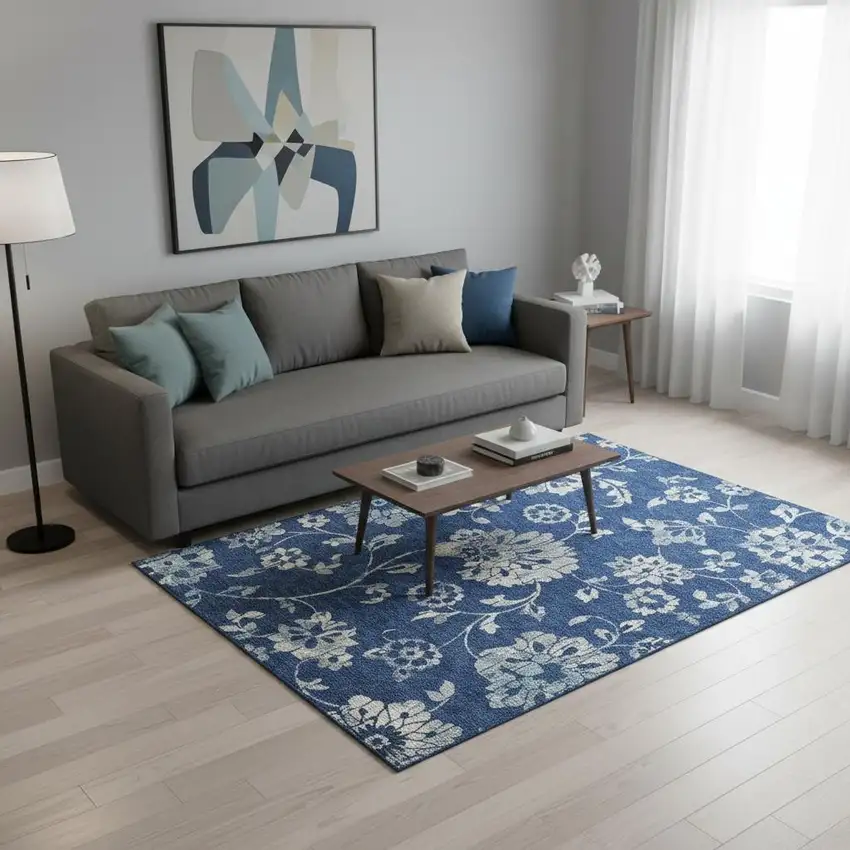 Navy Blue And Silver Floral Washable Area Rug With UV Protection Photo 2