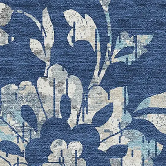 Navy Blue And Silver Floral Washable Area Rug With UV Protection Photo 3