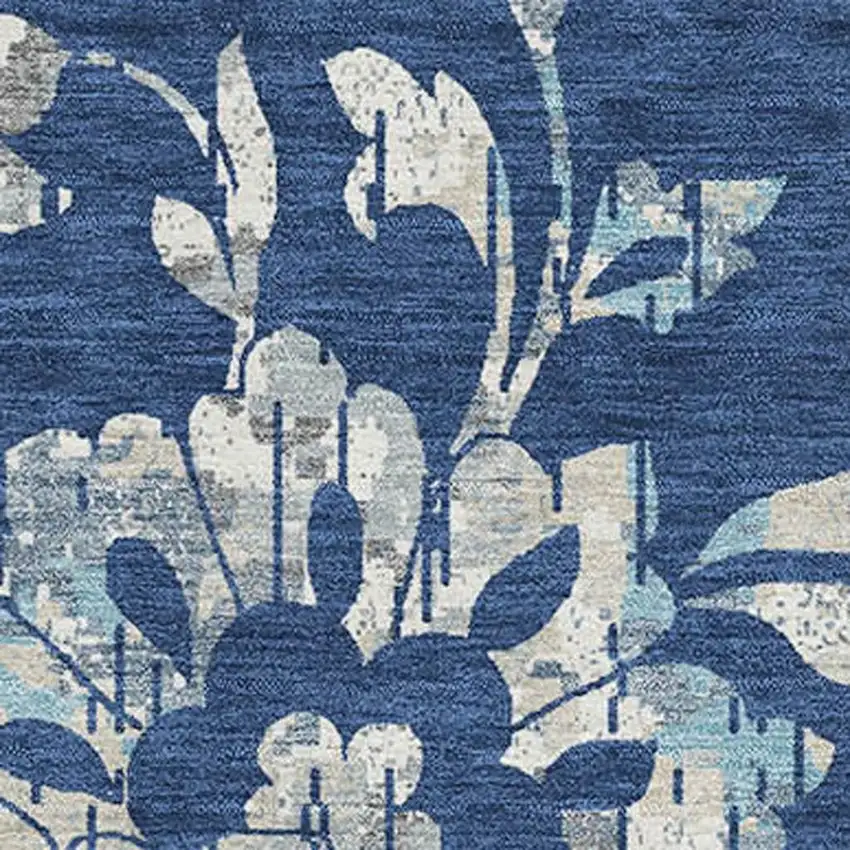 Navy Blue And Silver Floral Washable Area Rug With UV Protection Photo 3