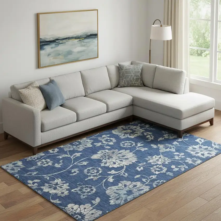 Navy Blue And Silver Floral Washable Area Rug With UV Protection Photo 1