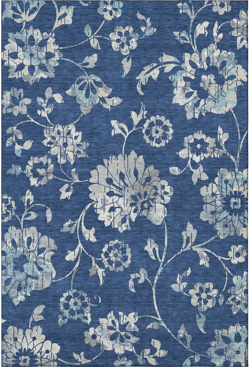 Navy Blue And Silver Floral Washable Area Rug With UV Protection Photo 3