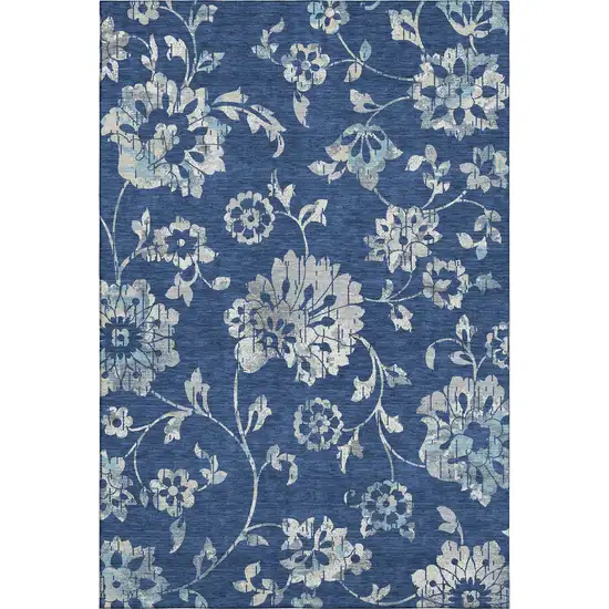 Navy Blue And Silver Floral Washable Area Rug With UV Protection Photo 1