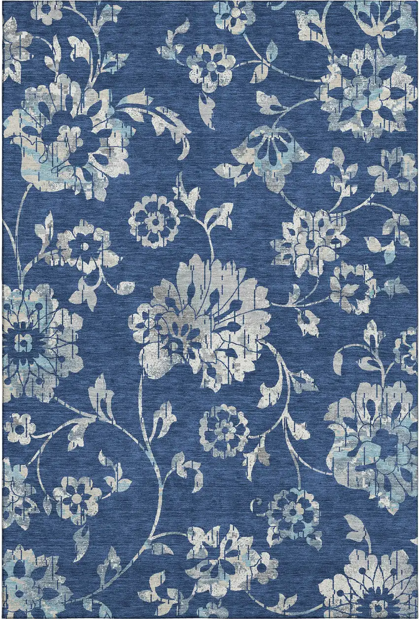 Navy Blue And Silver Floral Washable Area Rug With UV Protection Photo 1