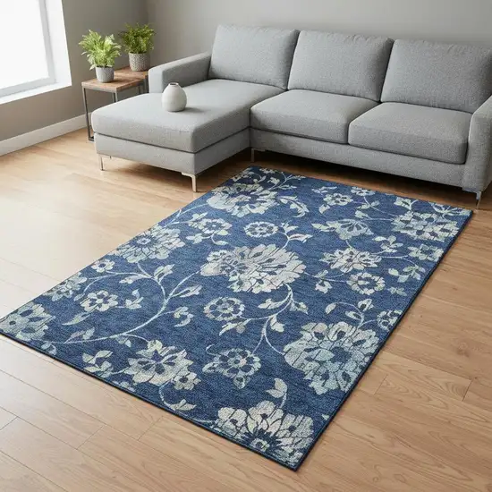 Navy Blue And Silver Floral Washable Area Rug With UV Protection Photo 2