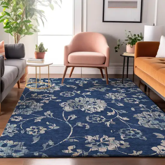 Navy Blue And Silver Floral Washable Area Rug With UV Protection Photo 4