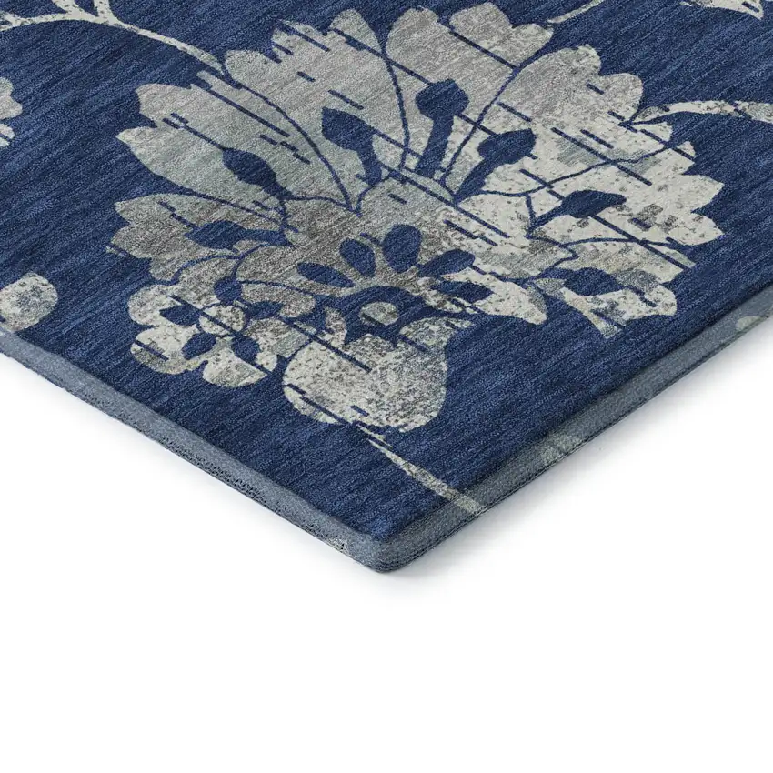 Navy Blue And Silver Floral Washable Area Rug With UV Protection Photo 7