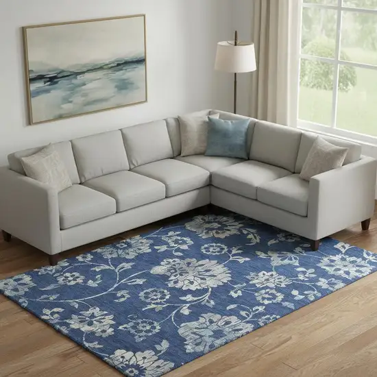 Navy Blue And Silver Floral Washable Area Rug With UV Protection Photo 1