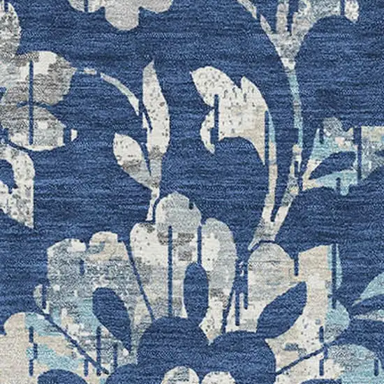 Navy Blue And Silver Floral Washable Area Rug With UV Protection Photo 3